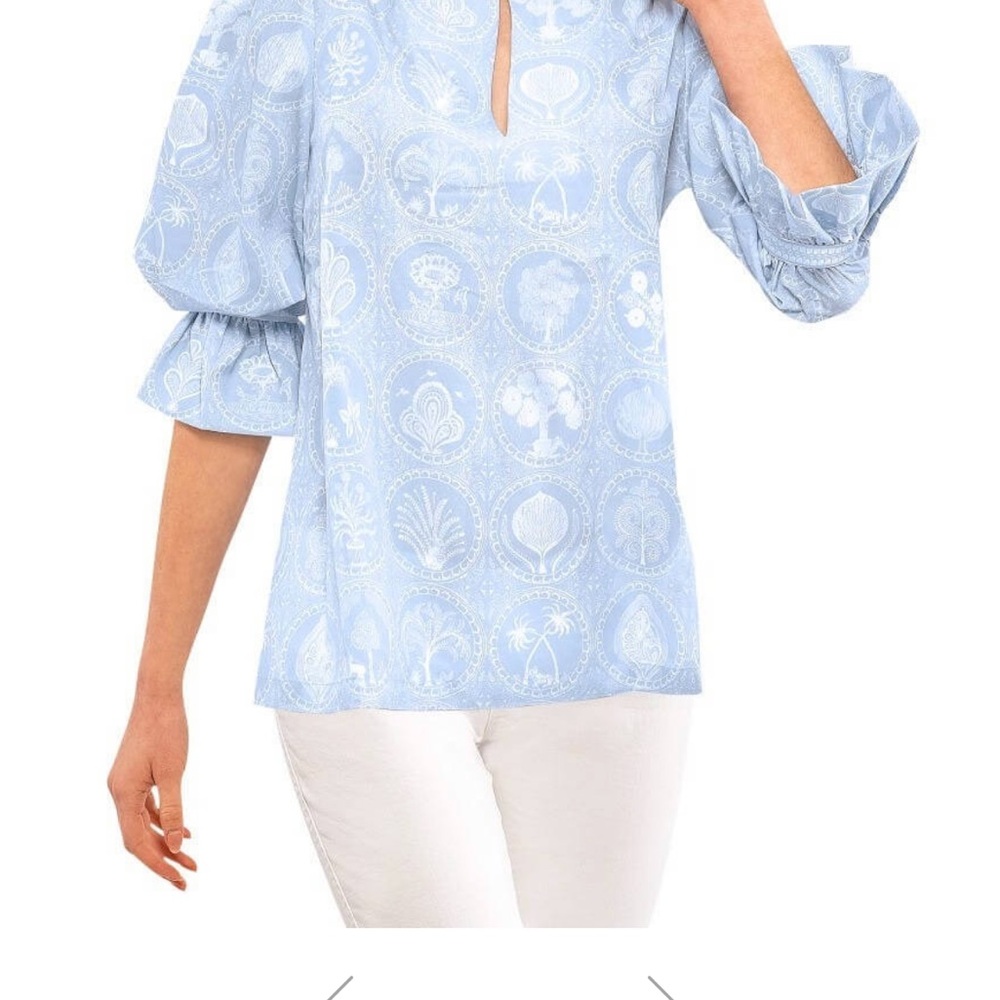 Gretchen Scott Designs Circle of Love  Blue Ruffled Blouse with Mandarin Collar